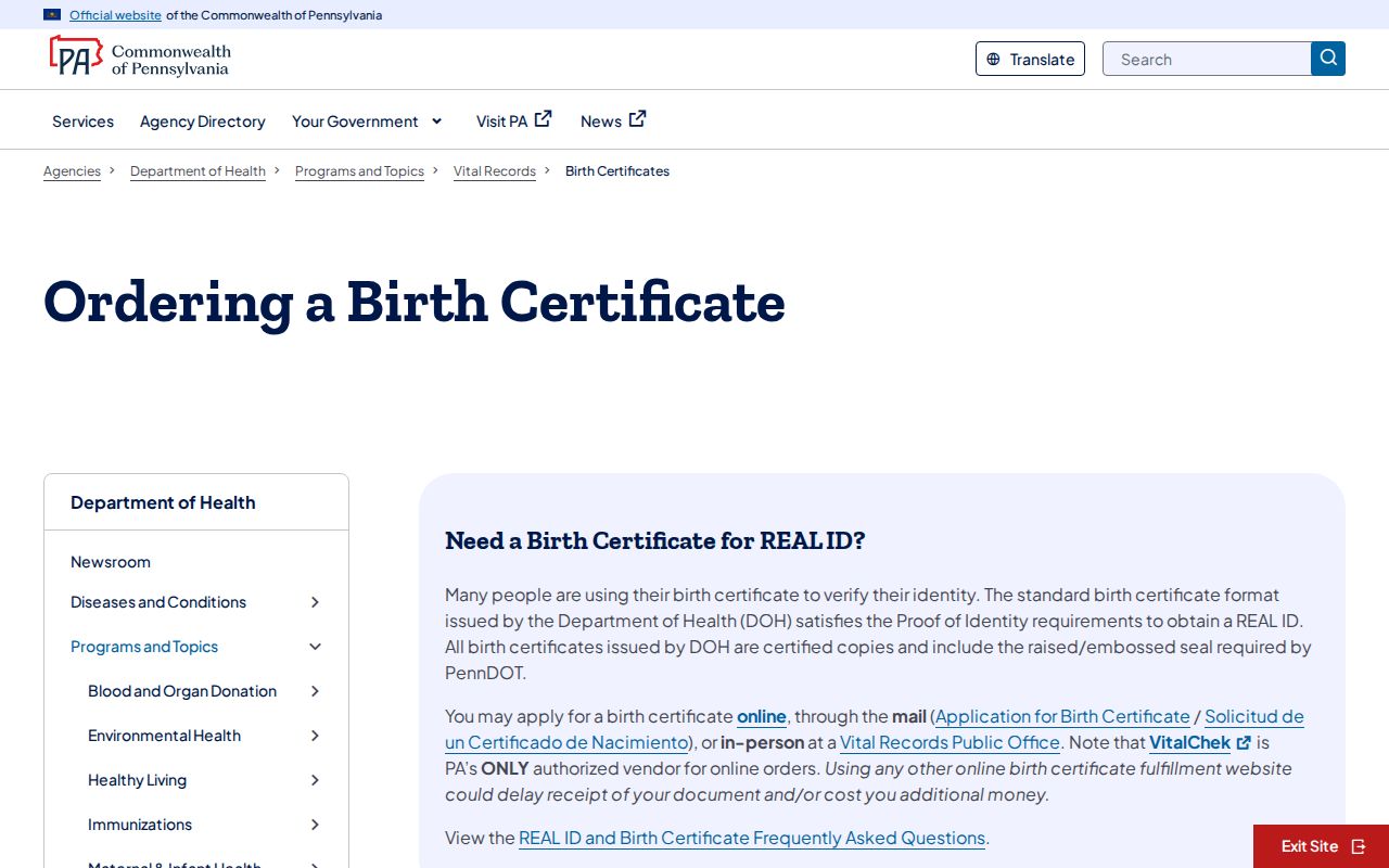 Lancaster County resident lookup and Pennsylvania birth certificate application