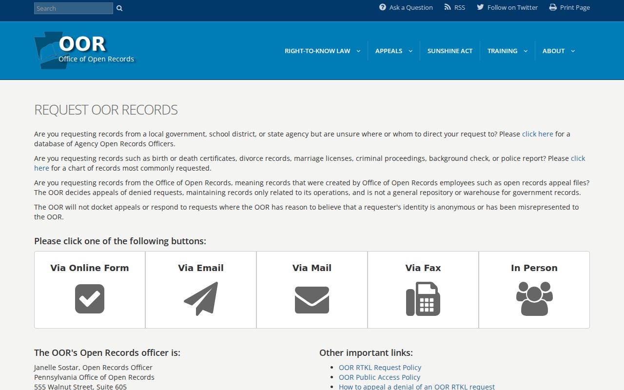 Lancaster County residents directory Pennsylvania RTKL request form